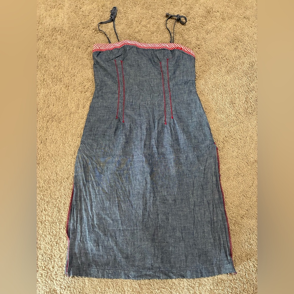 Miss Sixty Luxury Y2K Denim Tie Strap Denim Red White Stripe Slit Dress Size L